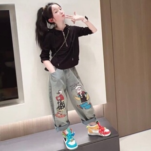 女童春秋款卡通涂鸦牛仔哈伦裤套装洋气时髦中大童显瘦连帽卫衣潮