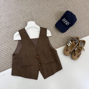 棕色焦糖麂皮绒马甲女春秋外搭v领坎肩复古叠穿无袖小个子背心