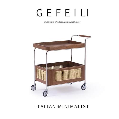 中古风小推车黑胡桃木色可移动带轮小茶几客厅沙发收纳复古藤编