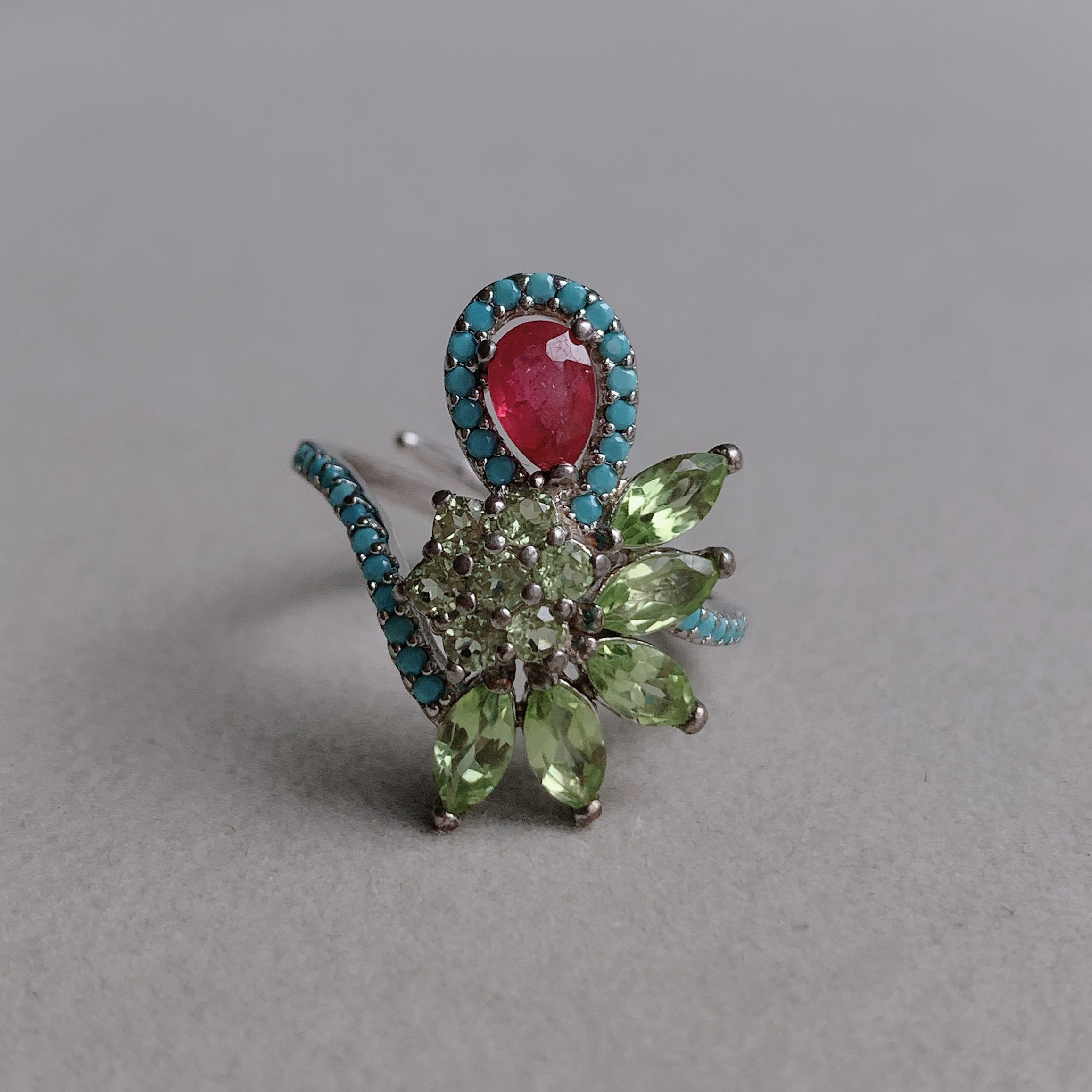 天然红宝石橄榄石925银镶嵌尼泊尔戒指女款时尚个性简约百搭指环