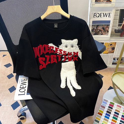 纯棉圆领短袖T恤女夏猫咪刺绣重工潮牌小众设计感宽松上衣