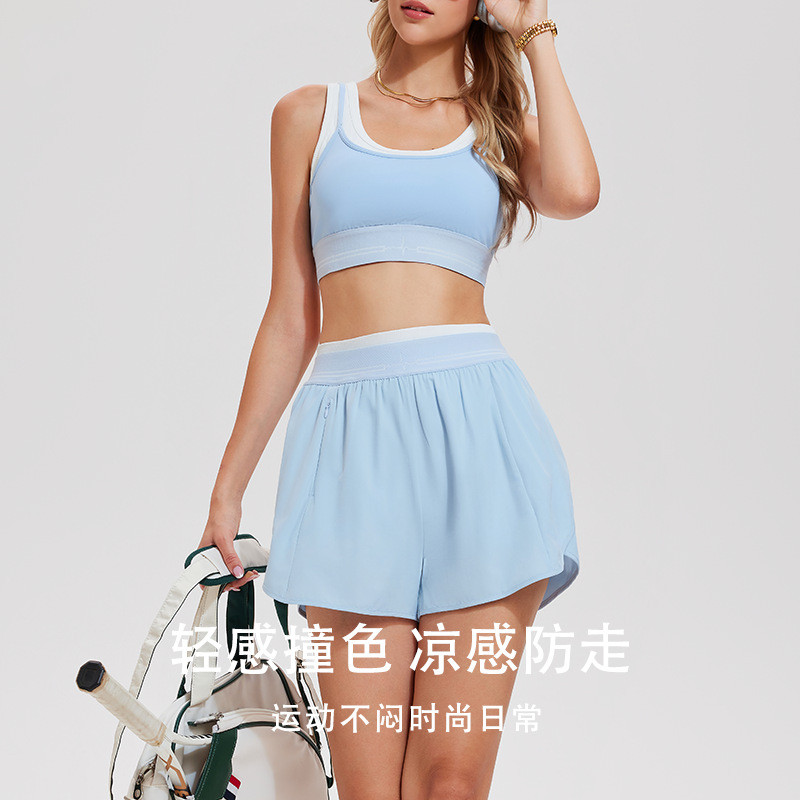 新款高腰运动短裤女夏网球套装速干撞色无袖背心瑜伽健身两件套装