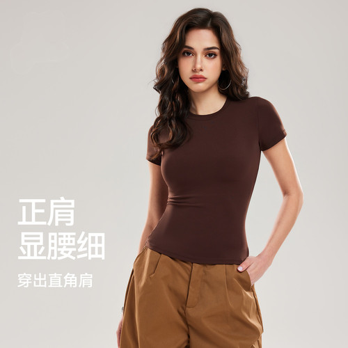 纯色短袖正肩t恤女运动跑步上衣