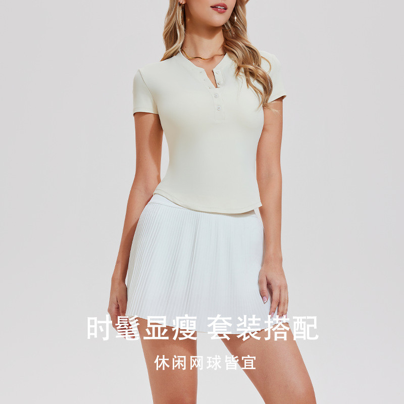 短袖亨利衫网球套装女夏季防走光百褶裙高尔夫上衣运动跑步两件套