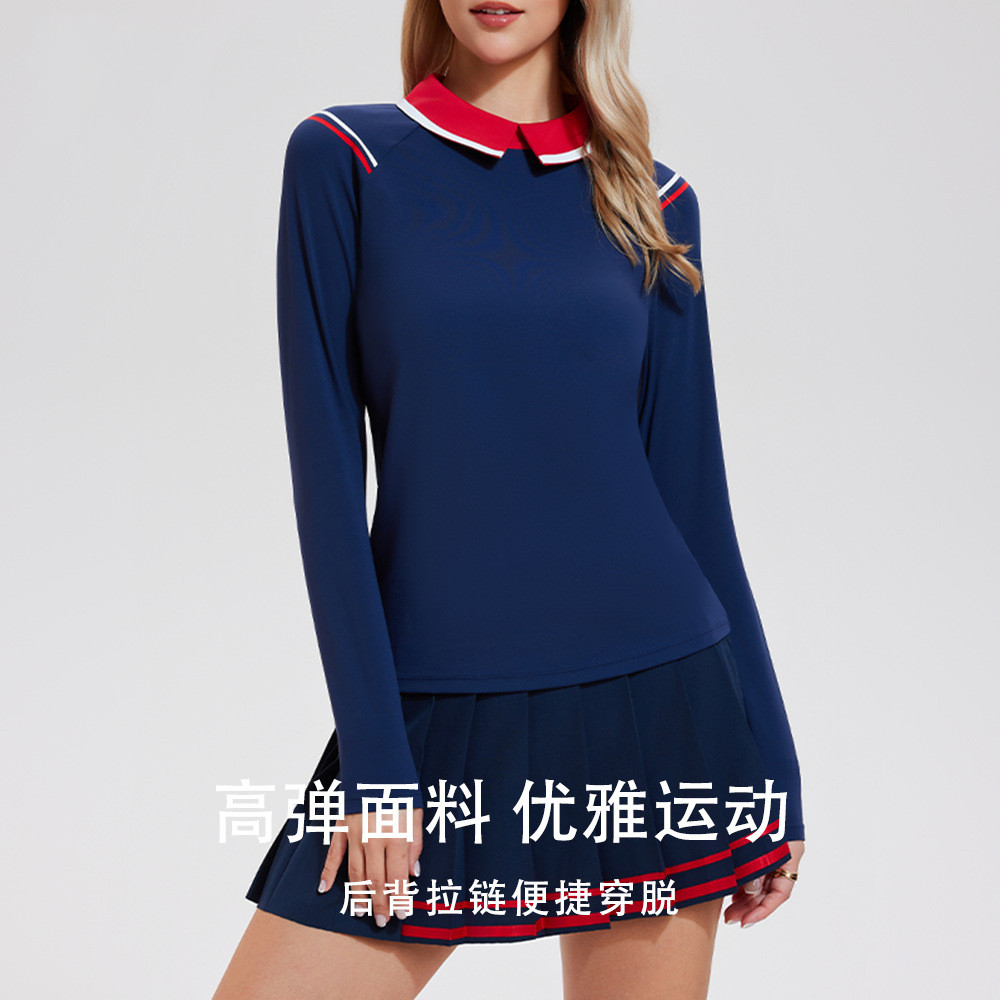 网球服POLO衫高尔夫服装女翻领长袖T恤修身高弹后背拉链运动上衣