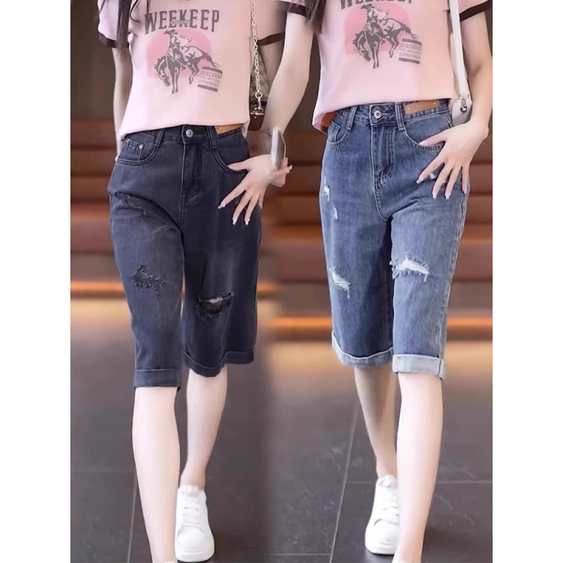 大码胖mm高腰显瘦直筒牛仔短裤女