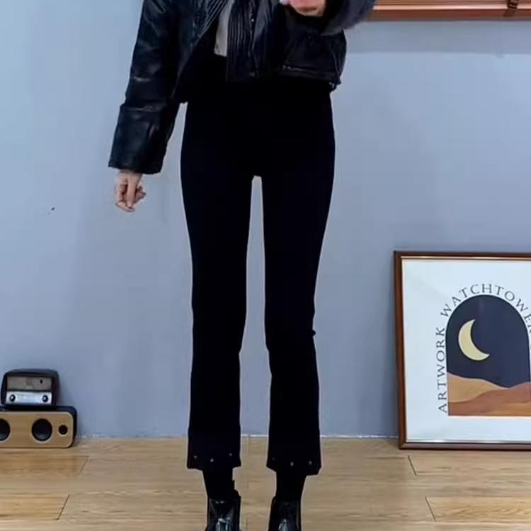 薄绒大码黑色高腰弹力牛仔裤女