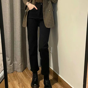 秋冬新款加绒弹力高腰大码直筒牛仔裤女胖mm弹力显瘦九分烟管裤子