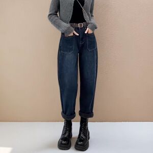 2023秋冬新款加绒加厚大码哈伦牛仔裤女胖妹妹mm宽松显瘦老爹裤子
