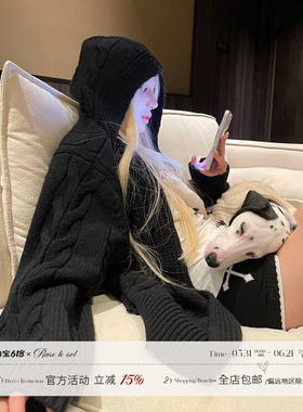 Rase le sol‘Relaxed Mode’黑色绞花毛衣开衫宽松慵懒连帽外套