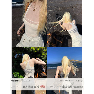 Rase le sol*Knit Mesh Panel Tank植绒印花网纱拼接工字吊带背心