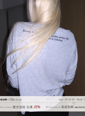 Rase le sol‘Mist Notes’美式复古灰色印花T恤宽松慵懒长袖上衣