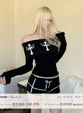 Rase le sol‘Cross Wings’提花黑色一字肩毛衣针织短裤两件套装