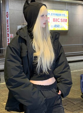 Rase le sol‘Night Crisis’黑色短款立领棉服宽松夹棉厚外套