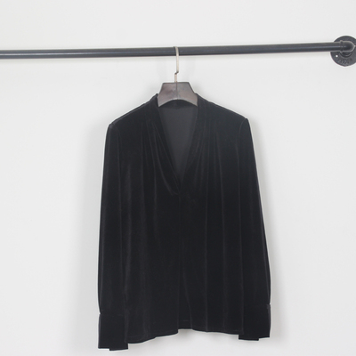 天鹅颈黑色宽松显瘦丝绒衬衫深V