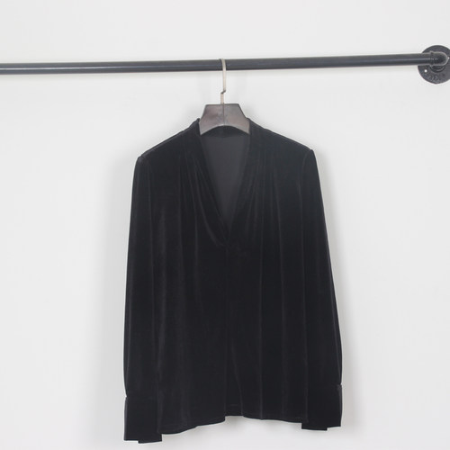 天鹅颈黑色宽松显瘦丝绒衬衫深V