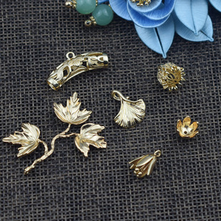 保色纯铜KC金配件弯管树枝花托古风发簪步摇流苏吊坠花片流苏挂件