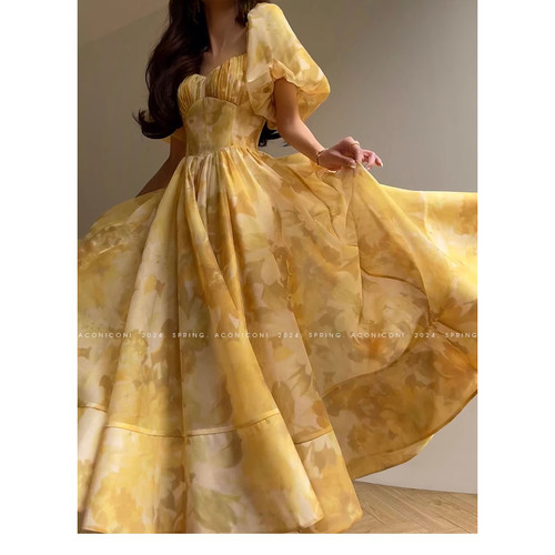 Aconiconi｜仲夏香柠 法式印花茶歇裙收腰气质泡泡袖公主风连衣裙