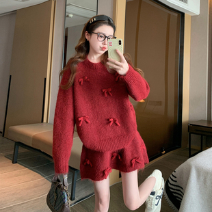 圣诞红色针织毛衣套装裙子女秋冬季小香富家千金miu系穿搭一整套