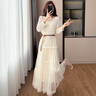 春夏季慵懒风宽松缕空防晒罩衫性感吊带背心高腰花边半身裙三件套