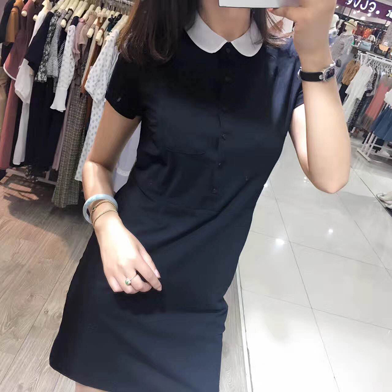 那比短袖純色POLO領T恤中長款加大碼顯瘦連衣裙女修身直筒打底衫
