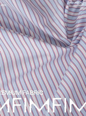 G&CC ALB&NI 淡蓝白条纹衬衫点缀红色线条清爽感布料面料 宽150CM