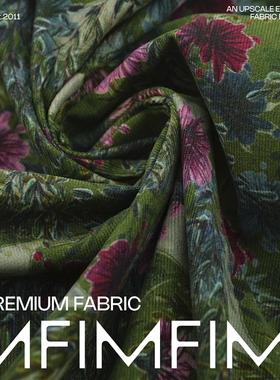 PINTO棉灯芯绒柔软粉花绿叶复古花卉秋冬衬衫连衣裙布 意大利进口