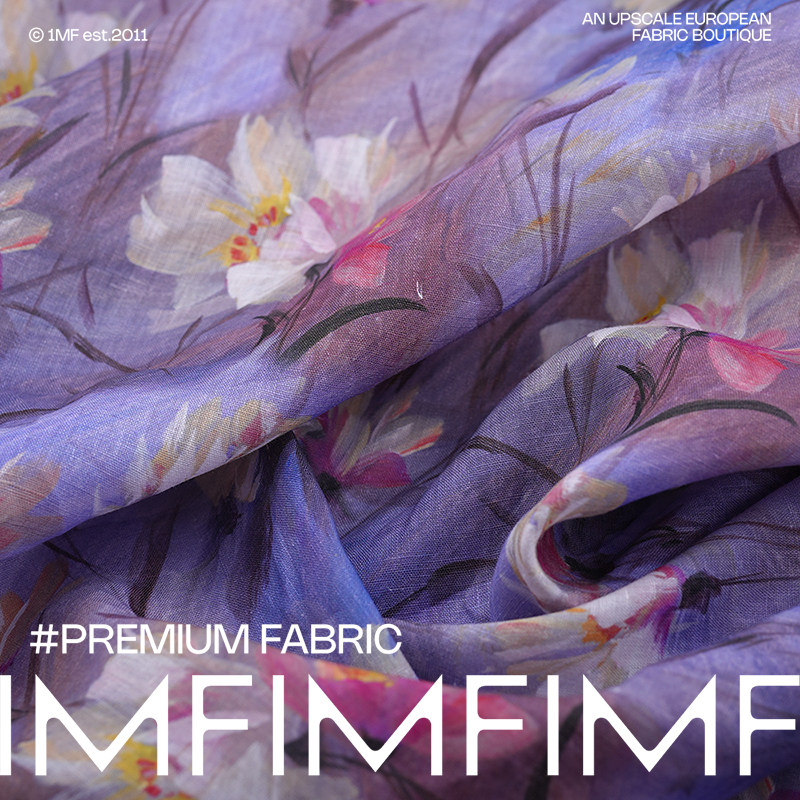 云开雾释 法国亚麻面料蓝紫色印花衬衫连衣裙服装布料 幅宽140CM