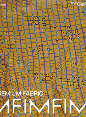 汤*柏琦面料 棉质面料黄色底蓝线条刺绣印花服装布料 幅宽130CM