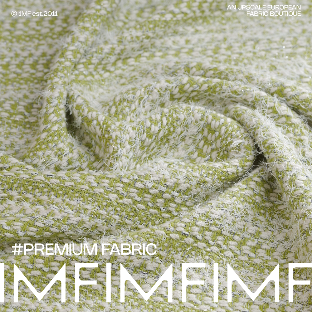 羊毛交织绿调毛毛小香风粗花呢布