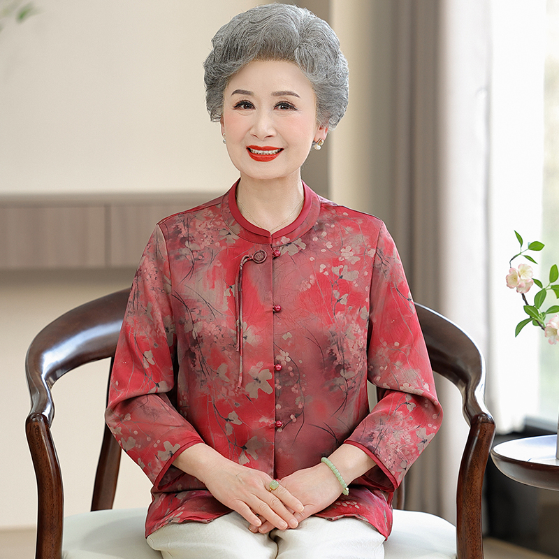 中老年人夏装真丝衬衫女奶奶开衫妈妈装上衣夏季套装老人衣服薄