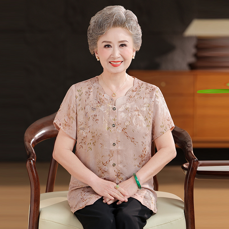 重磅桑蚕丝中老年人夏装女短袖衬衫妈妈太太真丝上衣70岁奶奶套装