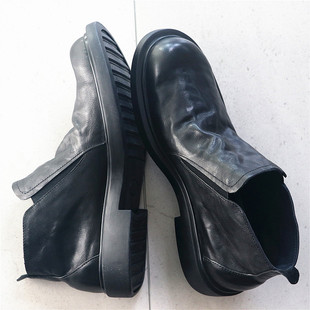 如穿袜子般 手抓纹头层牛皮套脚短靴子切尔西加绒保暖 舒适脚感