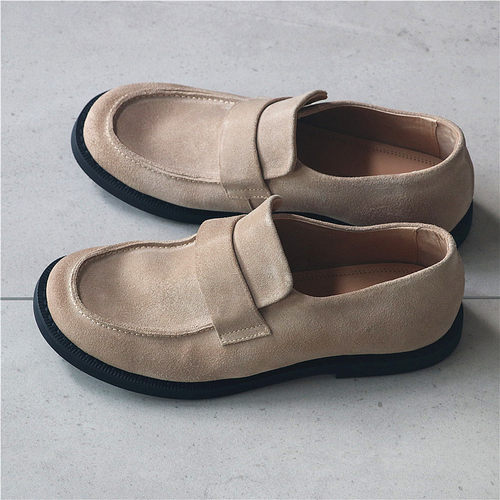 轻松舒适轻薄！手工做旧擦色磨砂牛皮！自然沙色乐福鞋套脚皮鞋男