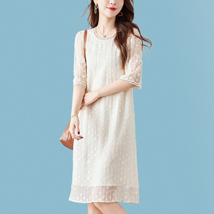 大碼 刺繡中年媽媽寬松顯瘦直筒裙子 桑蠶絲真絲連衣裙女2025夏新款