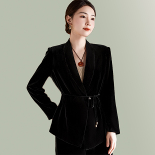 女外套2024新款 真丝丝绒上衣OL通勤黑色西装 春秋高端时髦洋气西服