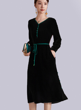 2024秋装新款大码气质黑色丝绒连衣裙高级感长袖真丝丝绒连衣裙子