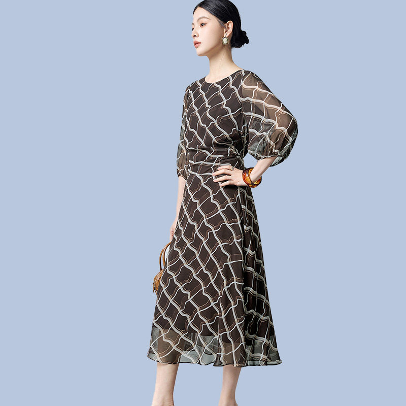2026夏季新款女裙菱形格真丝桑蚕丝连衣裙子气质修身五分袖中长款