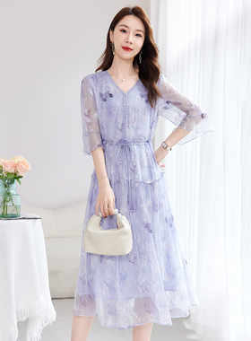 大码女装夏季新款紫色抽绳收腰喇叭袖减龄真丝桑蚕丝连衣裙子中袖