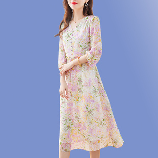 夏日绝美大码中长款七分袖重磅真丝印花连衣裙奢华桑蚕丝裙子