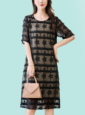 显高显瘦黑色直筒连衣裙梨形身材大码胖mm小个子真丝桑蚕丝连衣裙