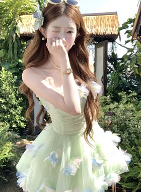 仙气立体网纱连衣裙女2026夏季新款花朵收腰吊带中长款夏季裙子