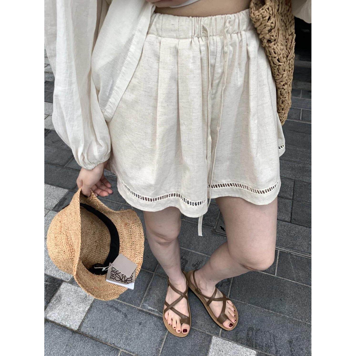 森系女孩日系棉麻阔腿裙裤短裤子女夏季宽松显瘦遮肉百搭休闲裤子