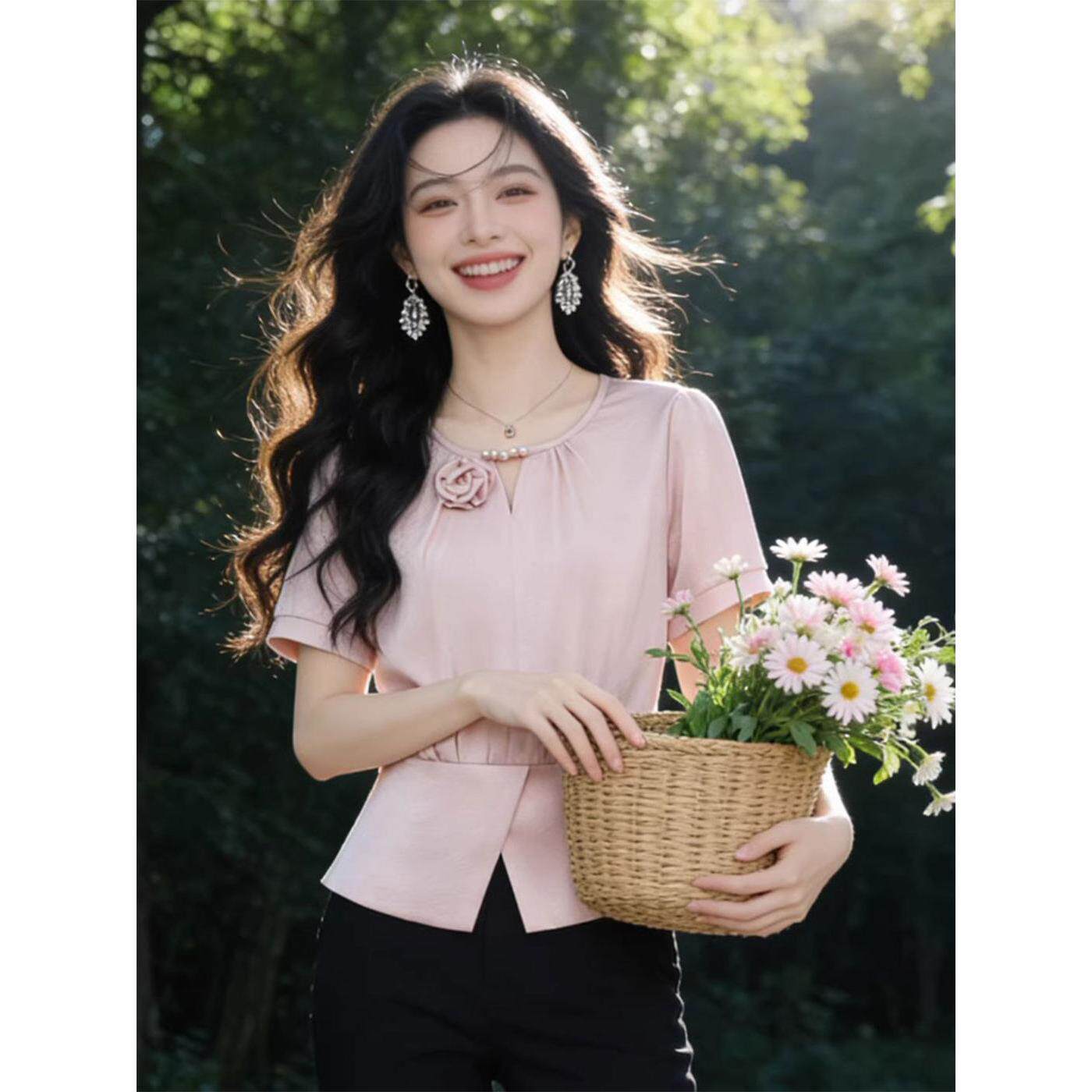 杭州高端大牌真丝短袖衬衫女夏季新款独特别致收腰显瘦超好看上衣