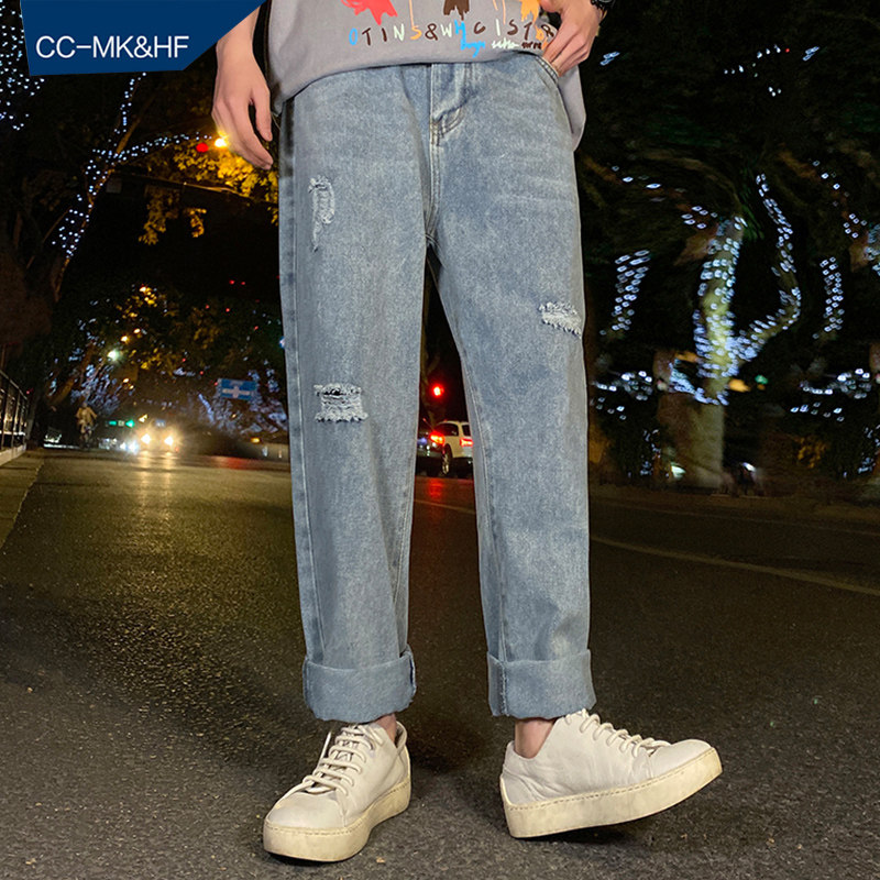 网红阔腿牛仔裤男潮牌宽松直筒坠感老爹破洞韩版潮流抖音男九分裤