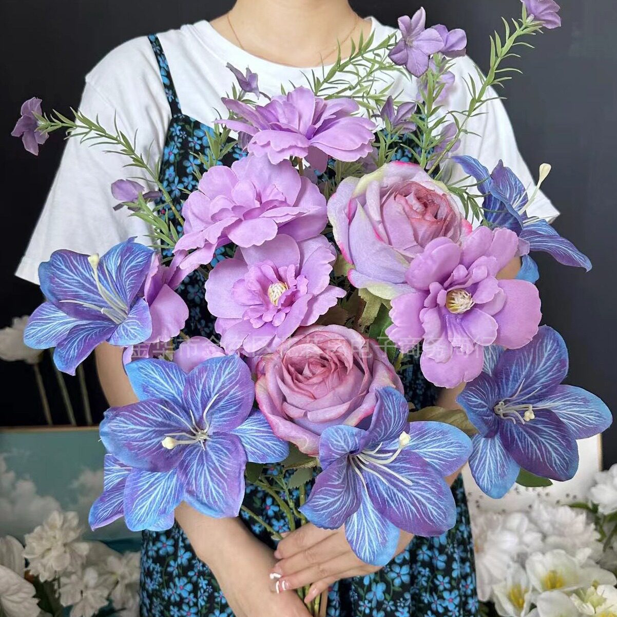 爆款紫蓝色莫奈紫花园橱窗美陈仿真花网红软装婚礼装饰假花百合花