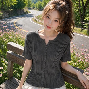 超好看V领短款毛衣外套女宽松春装新款深灰色韩版外搭针织开衫