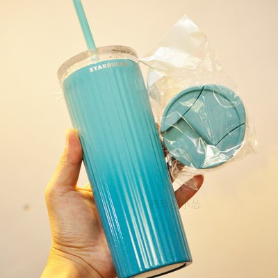 星巴克杯子蓝色渐变双盖吸管杯