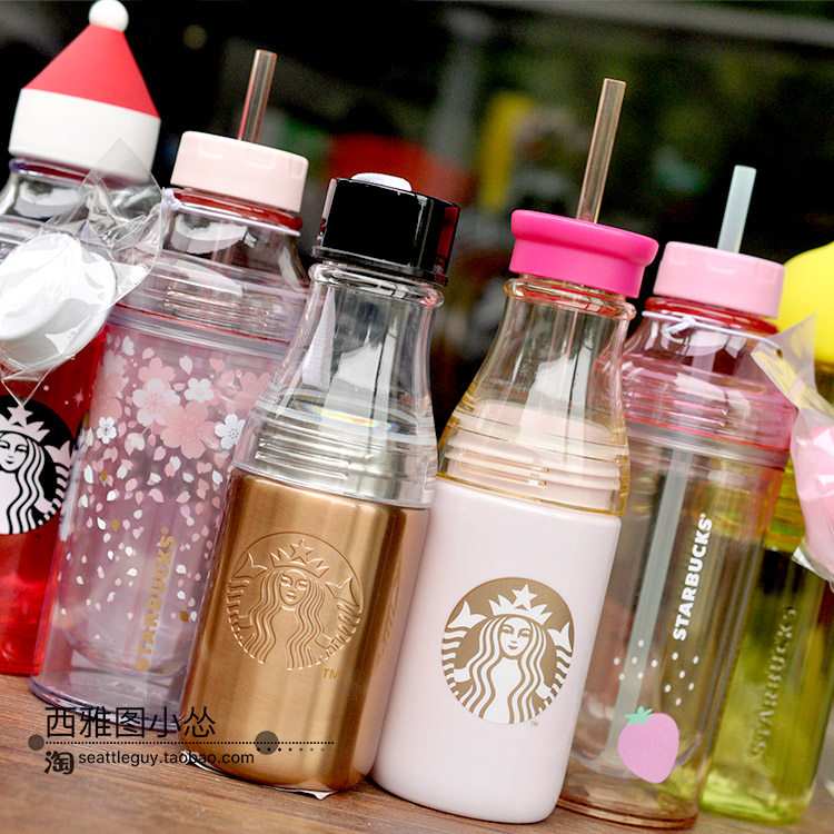 2021星巴克杯子夏日金色拎绳不锈钢随行杯奶瓶韩国樱花双盖吸管杯