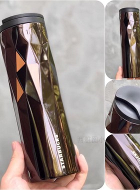 星巴克杯子经典黑粉金红色薄荷绿切面棱面不锈钢随行旋盖保温水杯